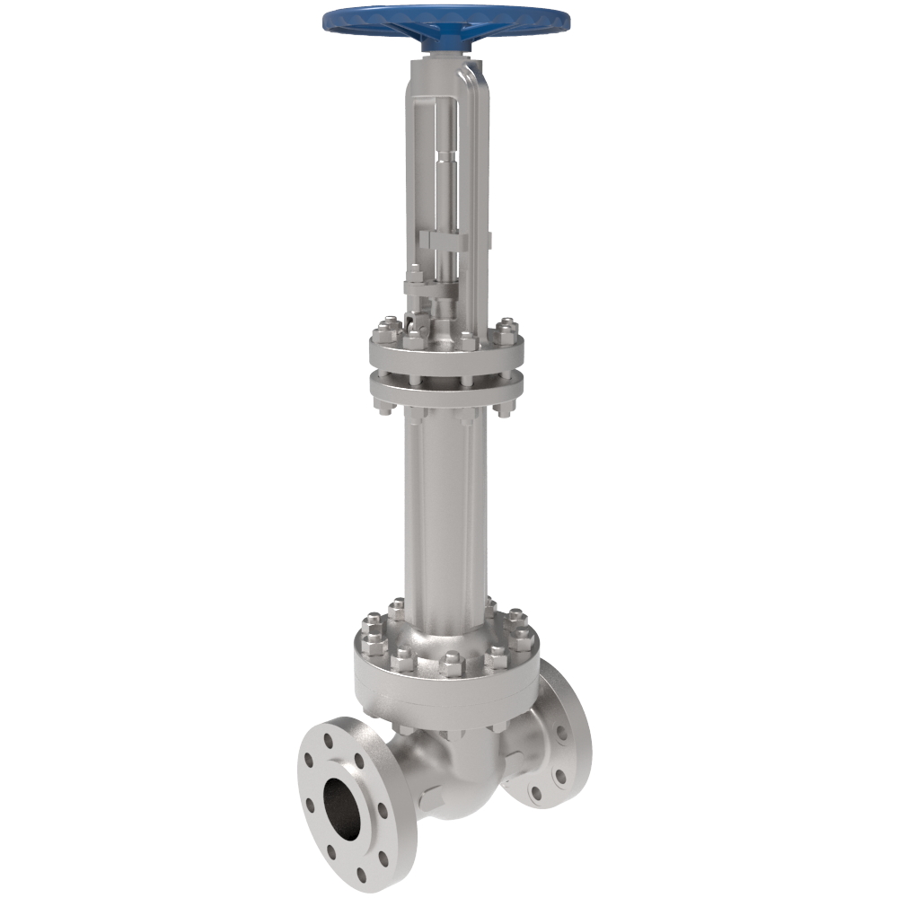 A metal gate valve with a blue circular handle, used for controlling the flow of liquids or gases through a pipeline. The valve has flanged ends for connection and a cylindrical body.