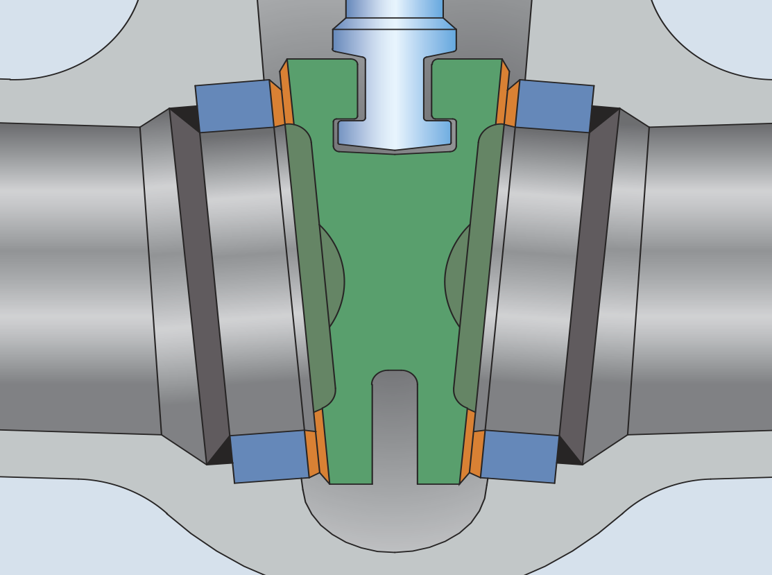 Schéma en coupe détaillé d'un joint mécanique. Il comporte des pièces cylindriques grises et argentées, avec des composants verts, bleus et orange entre les deux. La configuration montre comment les composants s'intègrent dans l'assemblage.