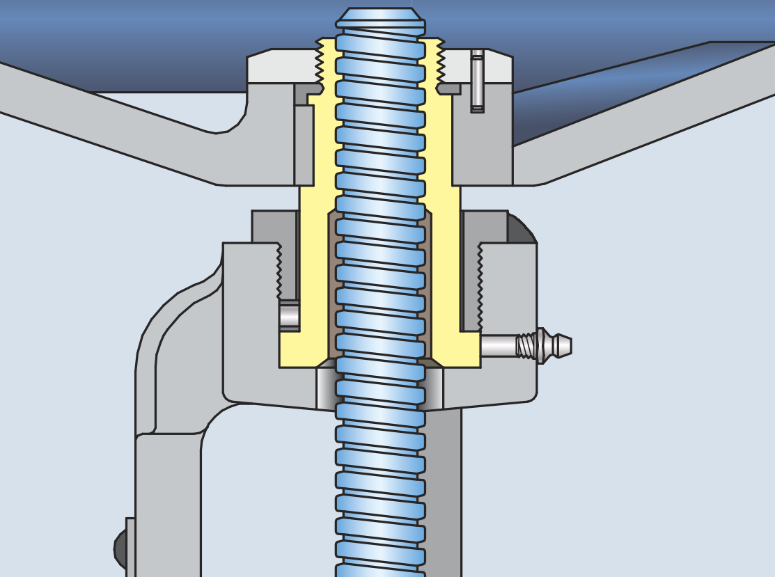 Illustration d'une vue en coupe transversale d'un mécanisme à vis mécanique. Comprend un boulon fileté bleu traversant un écrou, entouré de composants métalliques gris, représentant probablement un système de serrage ou un mécanisme d'étau.