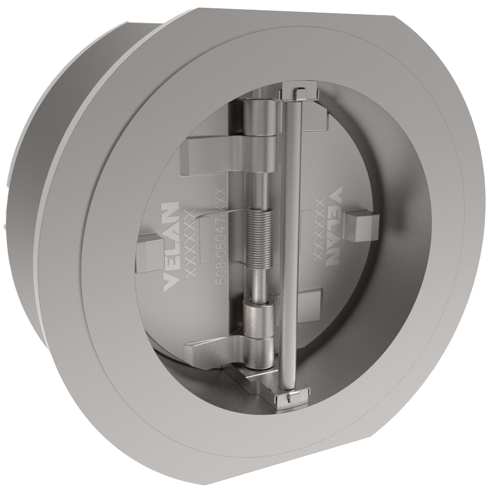 A metallic disc wafer check valve with the brand name "Velan" engraved on the side. The valve features a central hinge mechanism and a cylindrical body. The serial number "5083647" is also visible on the surface.