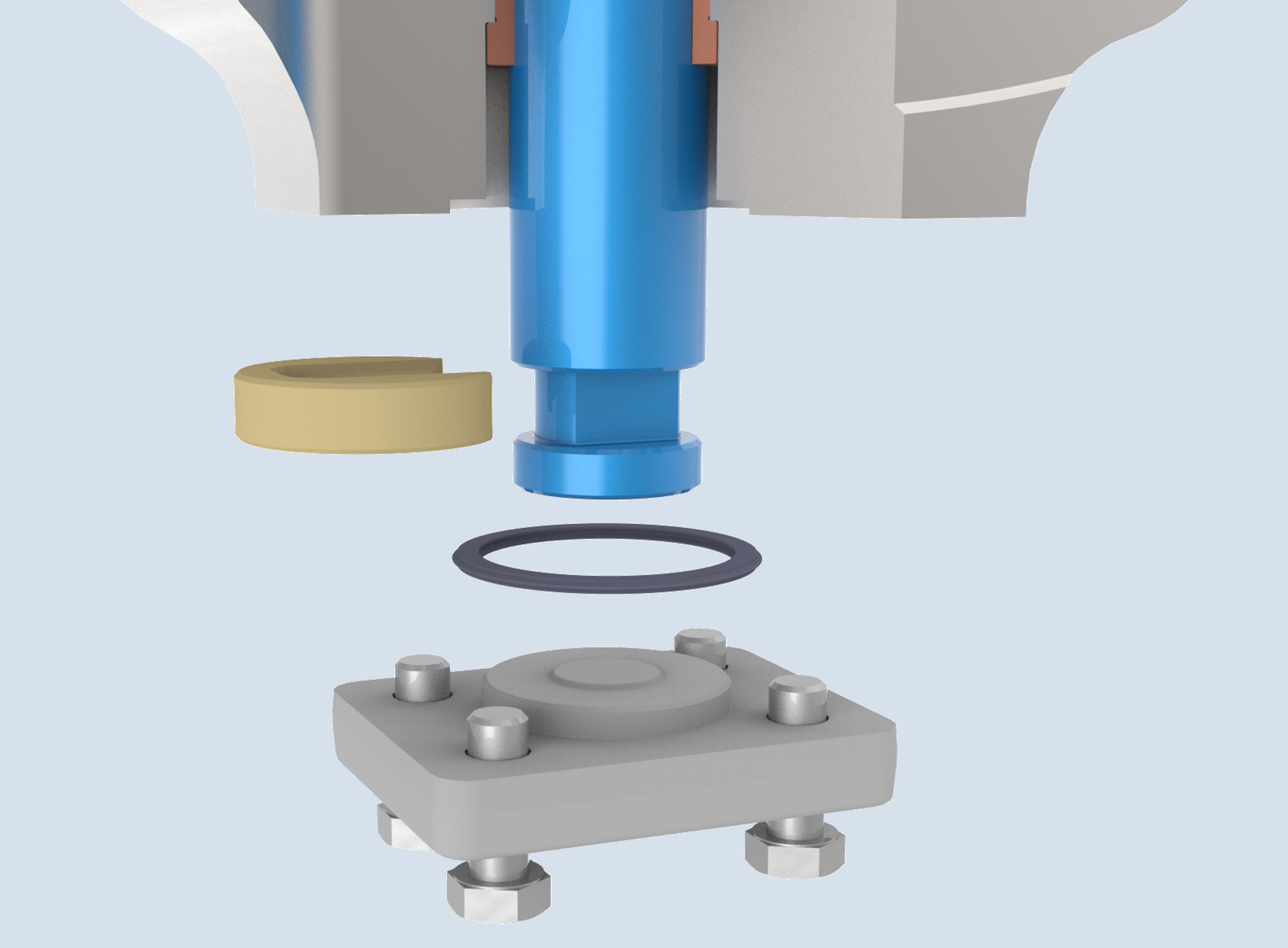 Rendu 3D d'un assemblage mécanique avec une pièce cylindrique bleue, une rondelle beige, un joint torique noir et une base grise avec des boulons, représenté en vue éclatée.